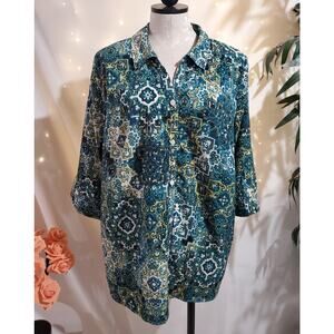 Catherines Mandala Button Up 1/2 Sleeve Top Womens Plus Size 2X Paisley Boho